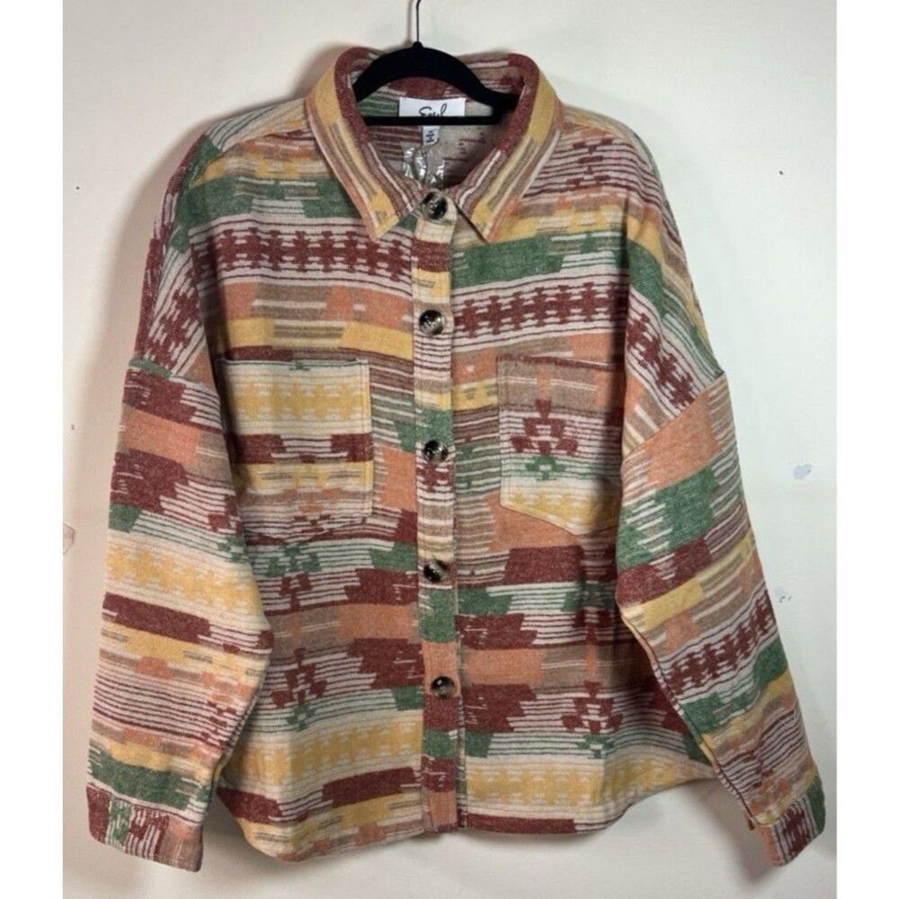 Easel Size 1X Women’s Southwestern Aztec Print Long Sleeve Shacket 4 Pockets NWT